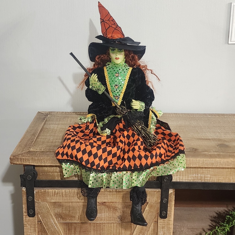 Broomstick Blvd Witch Shelf Sitter Doll Green Orange Harlequin Halloween 24" NEW